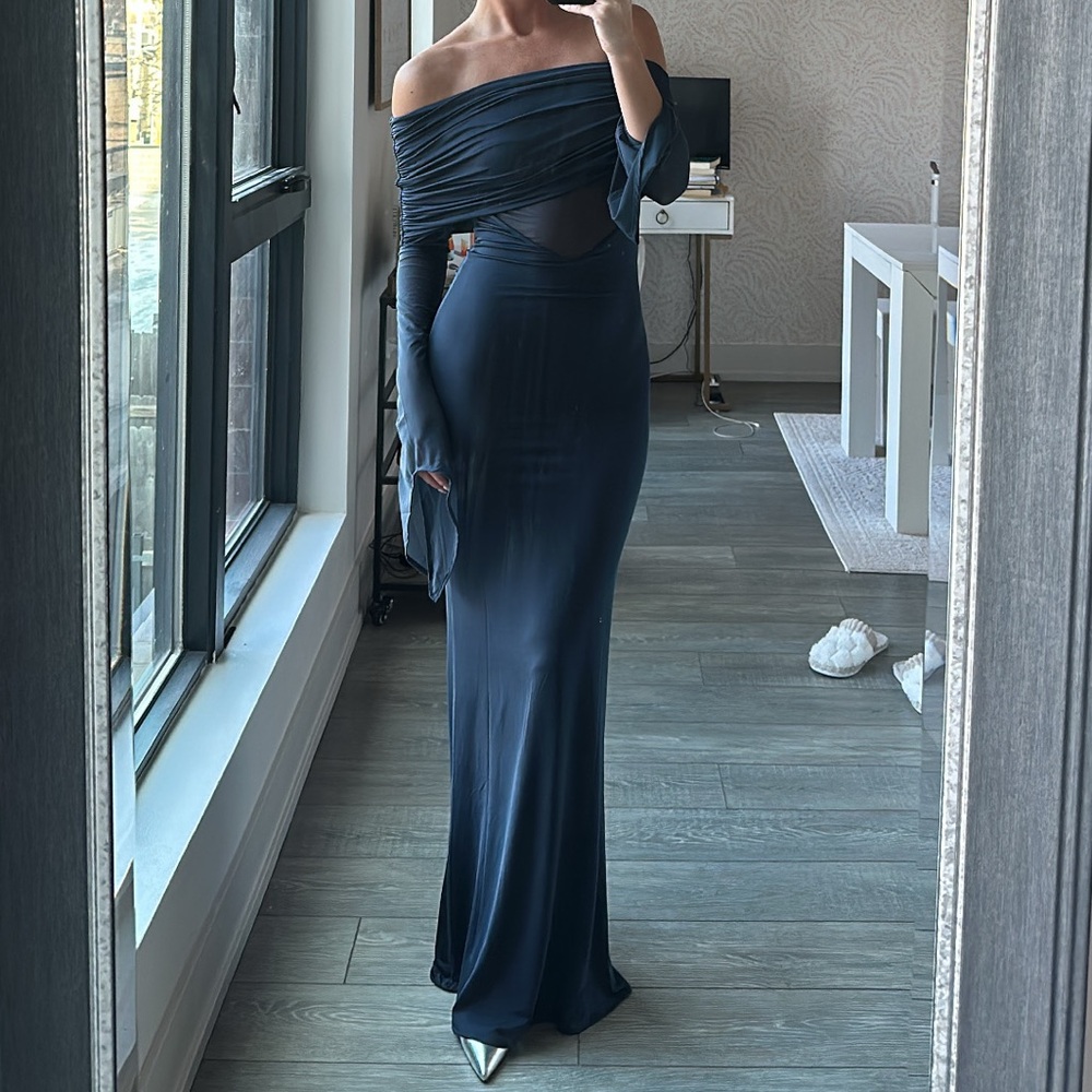 Meshki Off-Shoulder Navy Maxi Dress